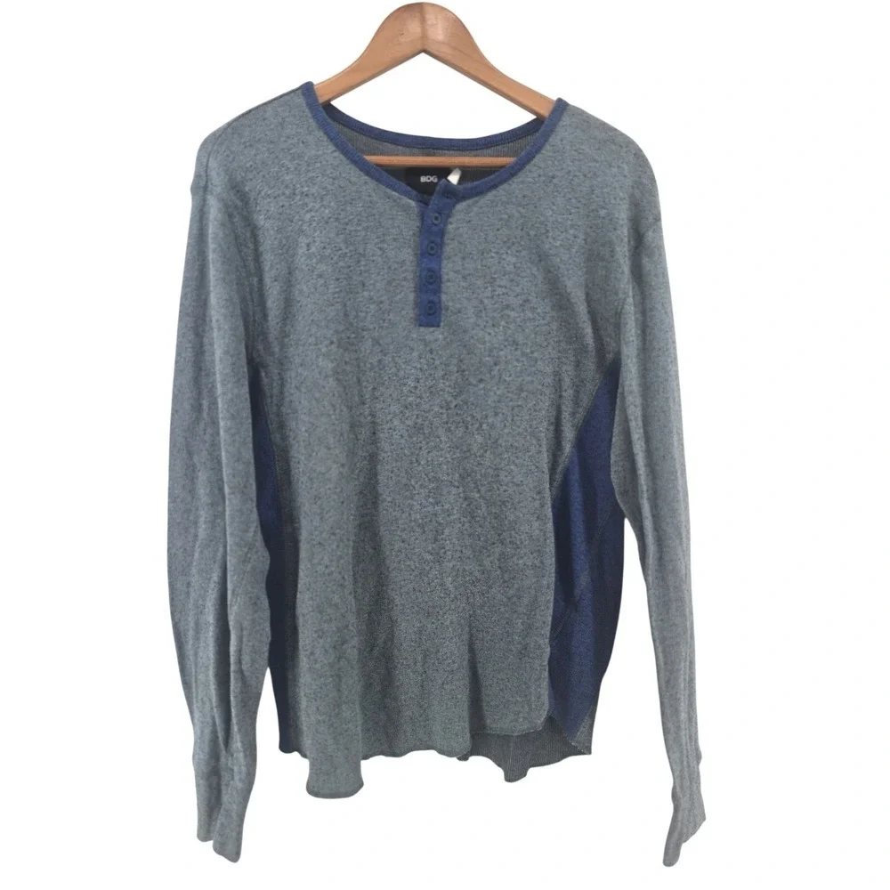 BDG Henley Shirt Mens Large Gray Blue Waffle Knit Long Sleeve Colorblock Thermal
